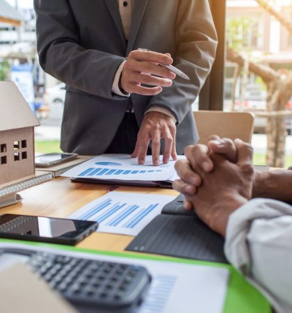 Business meeting of real estate broker, Business meeting working with new startup project. Idea presentation analyze plan.